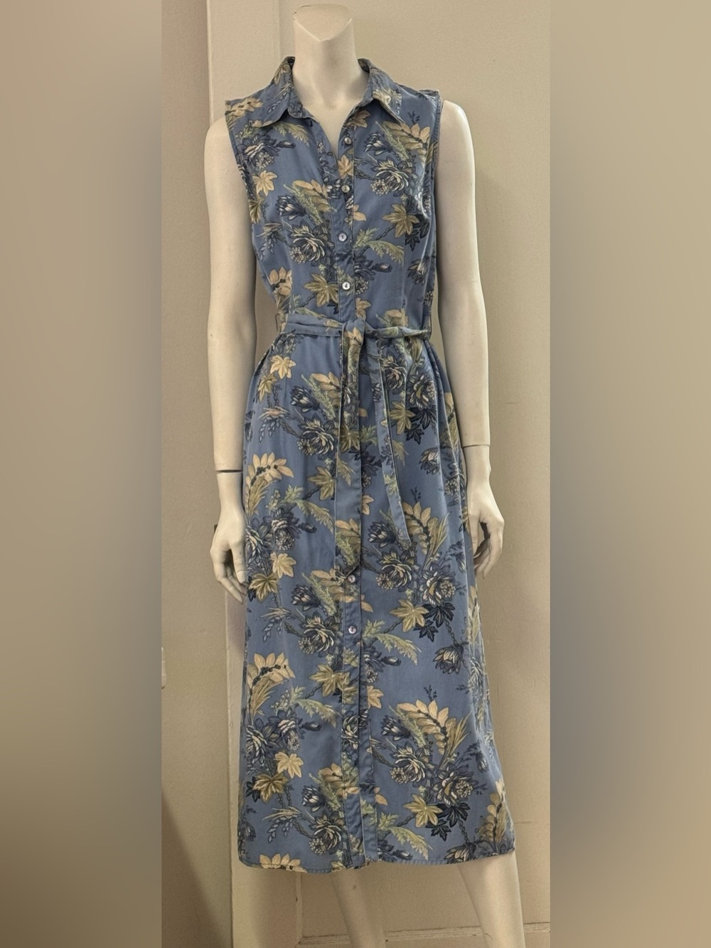 Charter Club Blue Sleeveless Midi Shirt Dress Floral Print Button Tie Belt Sz 6